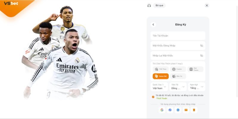 Các bước đăng ký VSBET trên website