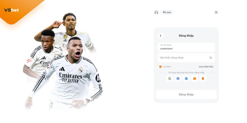 Giao diện đăng nhập VSBET rõ ràng, hiện đại